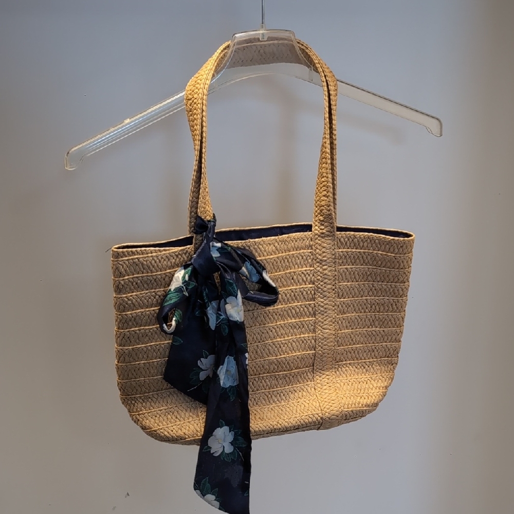 Elegant Tan Woven Tote Bag with Floral Scarf